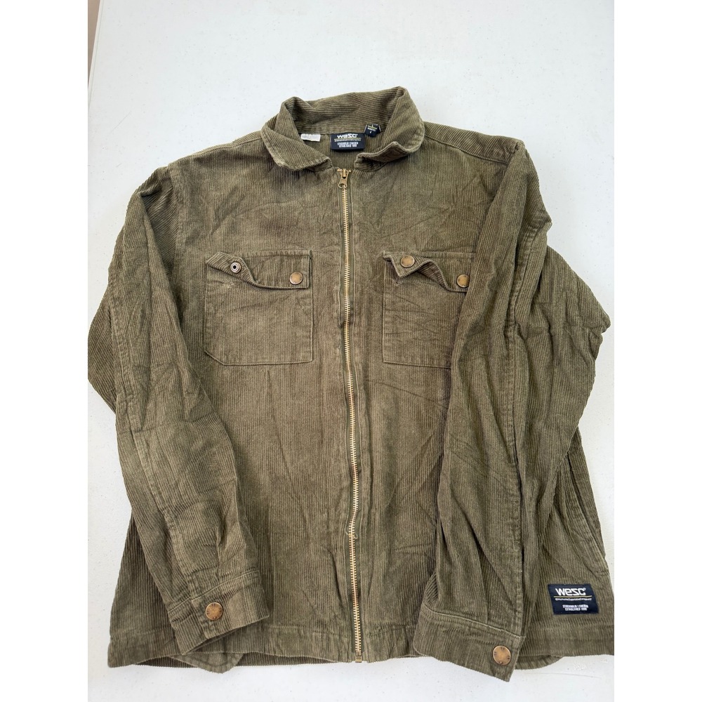 WeSC Mens Medium Corduroy Zip Up Shirt Jacket Olive Green Utility Workwear M L‎